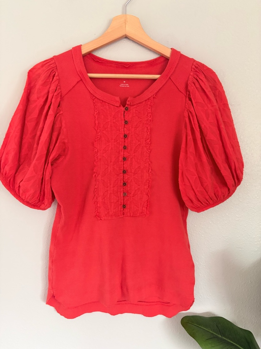 Anthropologie pilcro Red Puff-Sleeve Knit Blouse with Button Placket